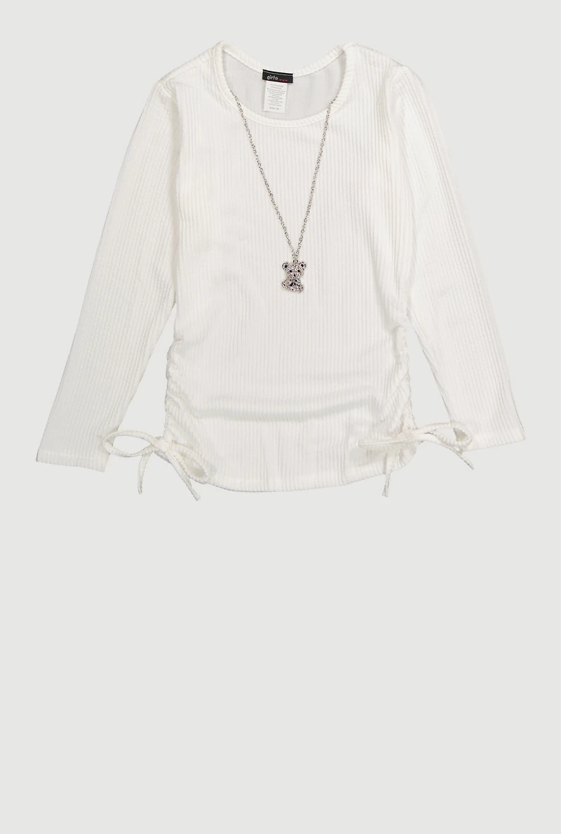 Girls Shadow Stripe Top with Rhinestone Teddy Necklace