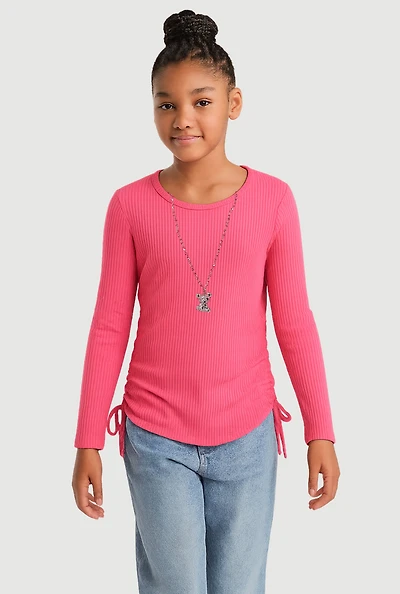 Girls Shadow Stripe Top with Rhinestone Teddy Necklace, Pink, Size 10-12