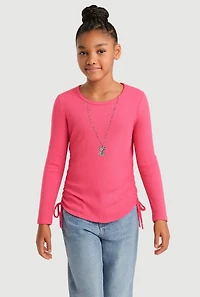 Girls Shadow Stripe Top with Rhinestone Teddy Necklace, Pink, Size 10-12