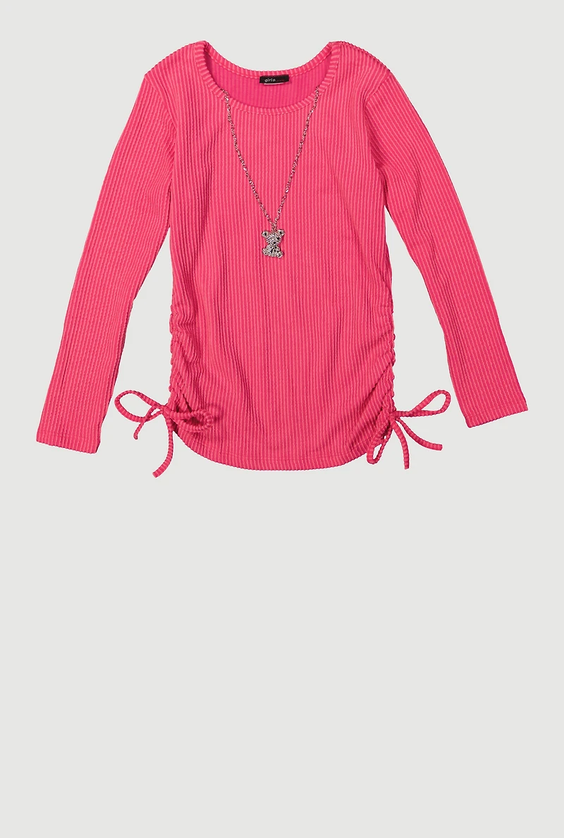 Girls Shadow Stripe Top with Rhinestone Teddy Necklace, Pink, Size 10-12