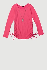 Girls Shadow Stripe Top with Rhinestone Teddy Necklace, Pink, Size 10-12