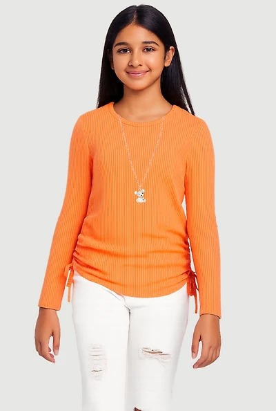 Girls Shadow Stripe Top with Rhinestone Teddy Necklace,