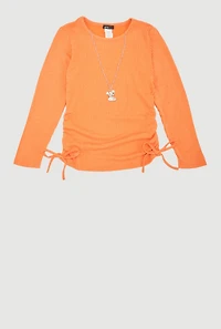 Girls Shadow Stripe Top with Rhinestone Teddy Necklace,