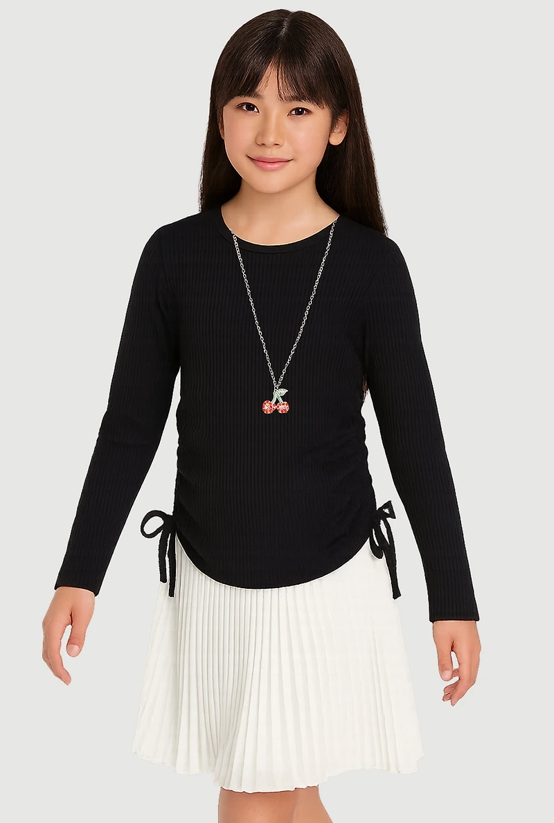 Girls Ribbed Knit Long Sleeve Top with Cherry Necklace