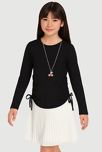 Girls Ribbed Knit Long Sleeve Top with Cherry Necklace
