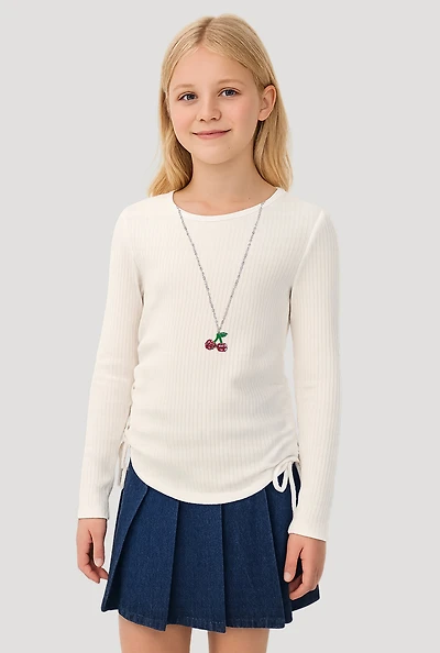 Girls Ribbed Knit Long Sleeve Top with Cherry Necklace, White, Size 14-16