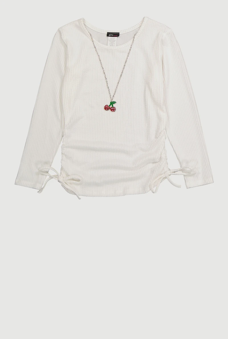 Girls Ribbed Knit Long Sleeve Top with Cherry Necklace, White, Size 10-12