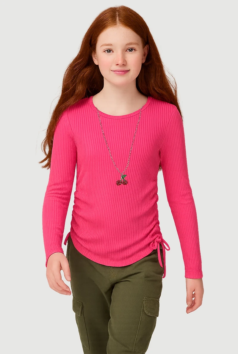 Girls Ribbed Knit Long Sleeve Top with Cherry Necklace,
