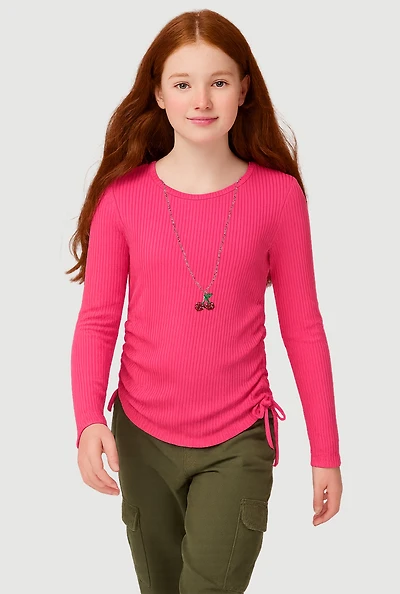 Girls Ribbed Knit Long Sleeve Top with Cherry Necklace, Pink, Size 7-8
