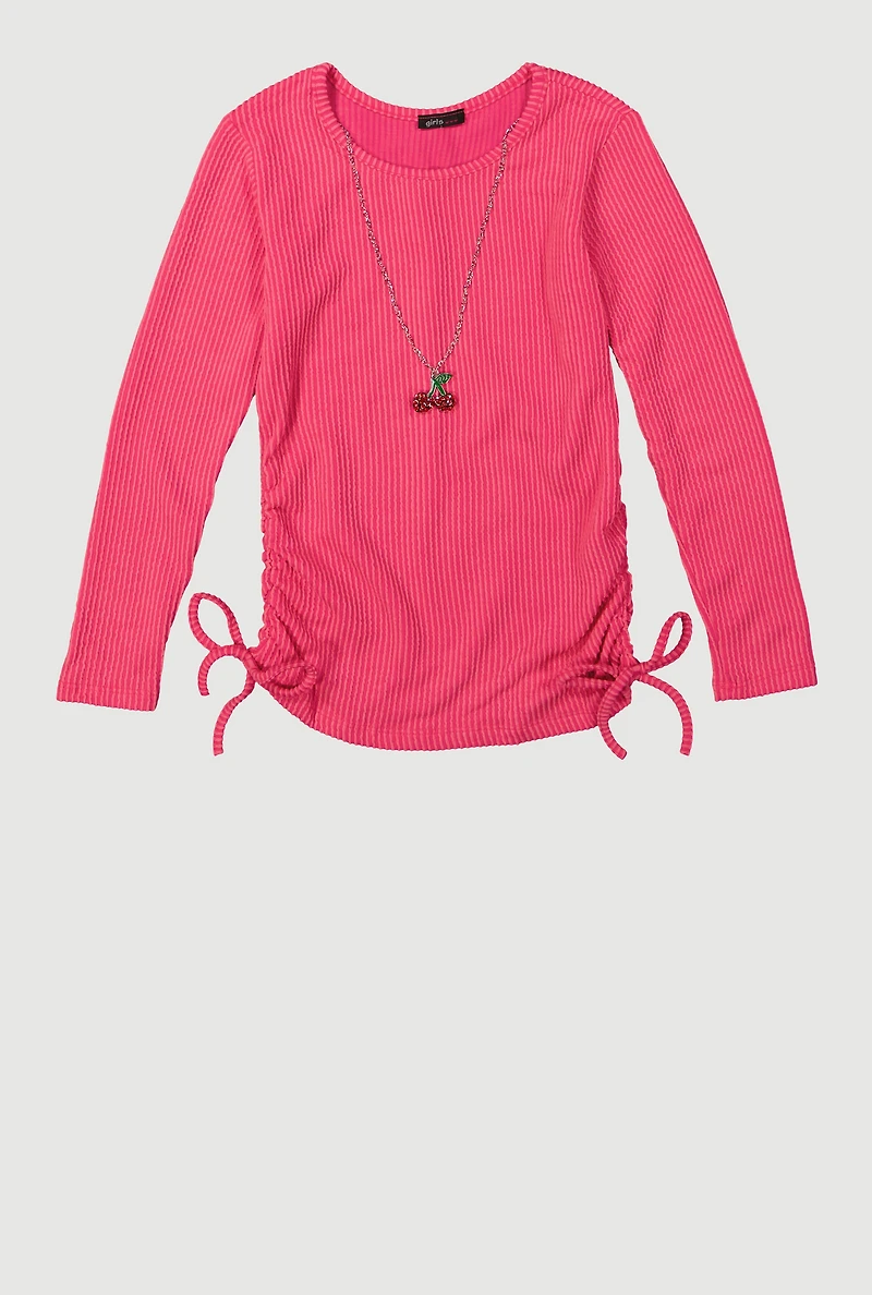 Girls Ribbed Knit Long Sleeve Top with Cherry Necklace,