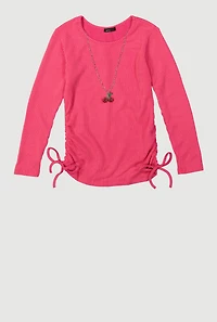 Girls Ribbed Knit Long Sleeve Top with Cherry Necklace,