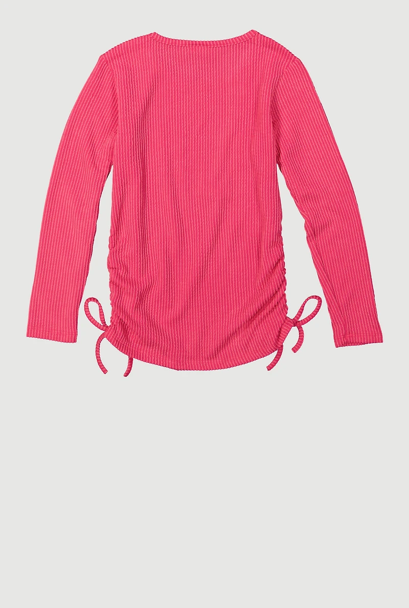 Girls Ribbed Knit Long Sleeve Top with Cherry Necklace,