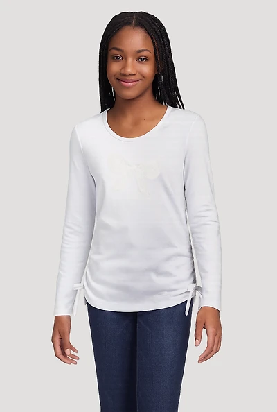 Girls Long Sleeve Crew Neck T-Shirt with Lace Bow, White, Size 14-16