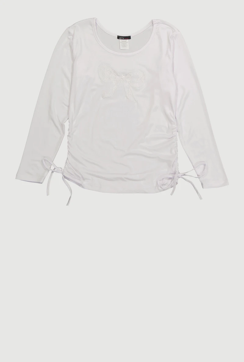 Girls Long Sleeve Crew Neck T-Shirt with Lace Bow, White, Size 14-16