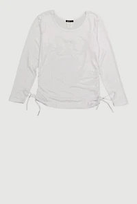 Girls Long Sleeve Crew Neck T-Shirt with Lace Bow, White, Size 14-16