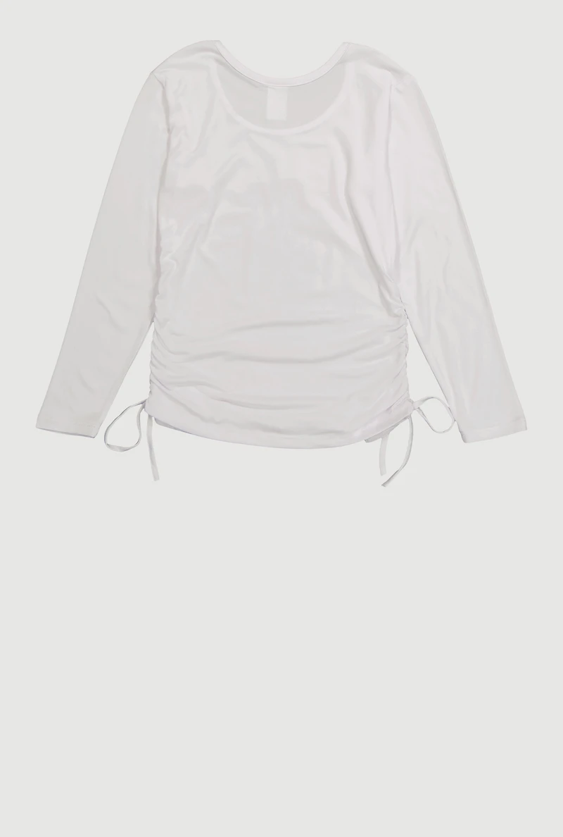 Girls Long Sleeve Crew Neck T-Shirt with Lace Bow, White, Size 14-16