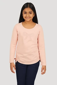 Girls Long Sleeve Crew Neck T-Shirt with Lace Bow