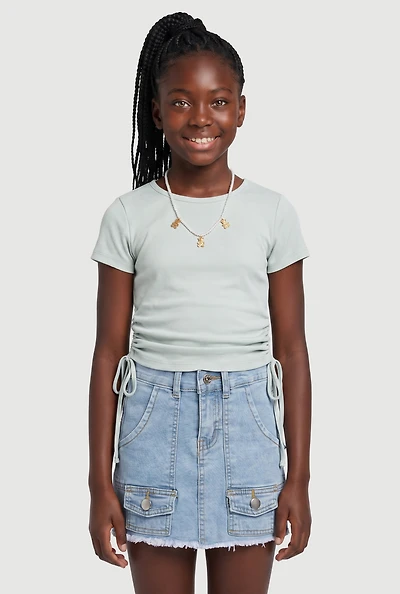 Girls Ribbed Knit Tee with Bear Charm Necklace