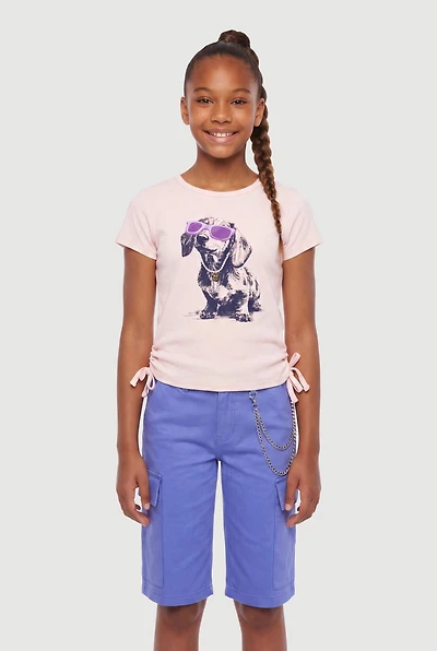 Girls Ribbed Knit Dog Graphic Ruched T-Shirt