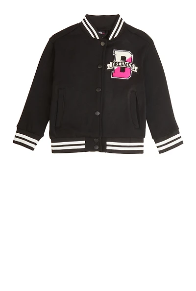 Little Girls Dreamer Bear Chenille Patch Varsity Jacket, Black, Size 5-6