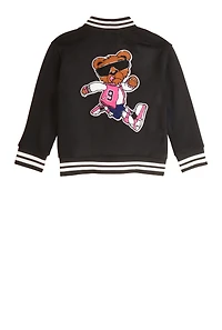 Little Girls Dreamer Bear Chenille Patch Varsity Jacket, Black,