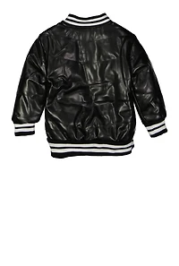 Little Girls B Initial Chenille Patch Faux Leather Jacket, Black, Size 5-6