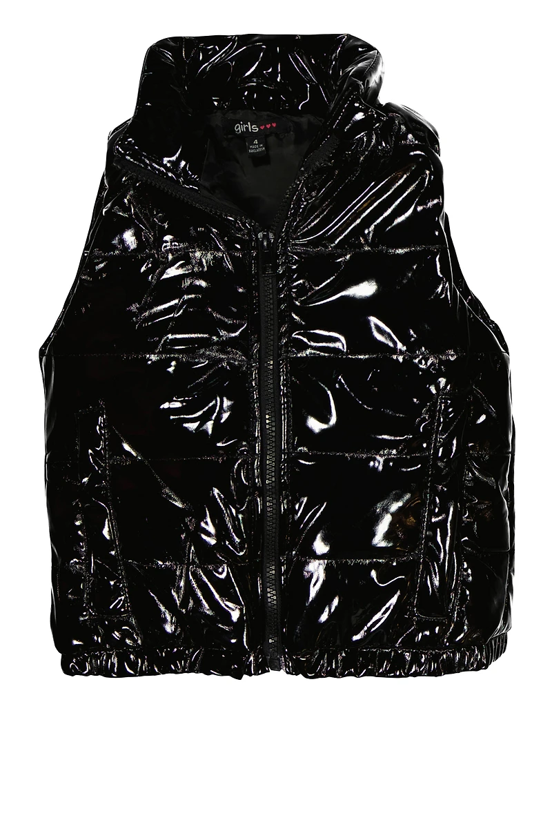 Little Girls Faux Patent Leather Puffer Vest, Black, Size 5-6
