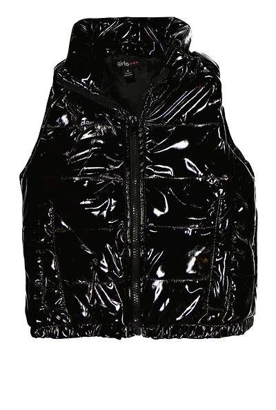 Little Girls Faux Patent Leather Puffer Vest, Black, Size 5-6
