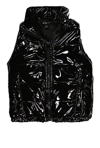 Little Girls Faux Patent Leather Puffer Vest, Black, Size 5-6