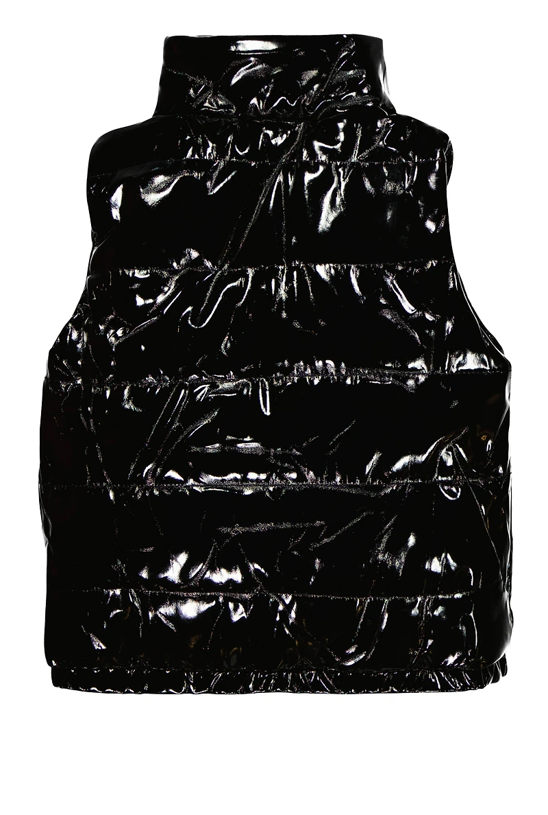 Little Girls Faux Patent Leather Puffer Vest, Black, Size 5-6