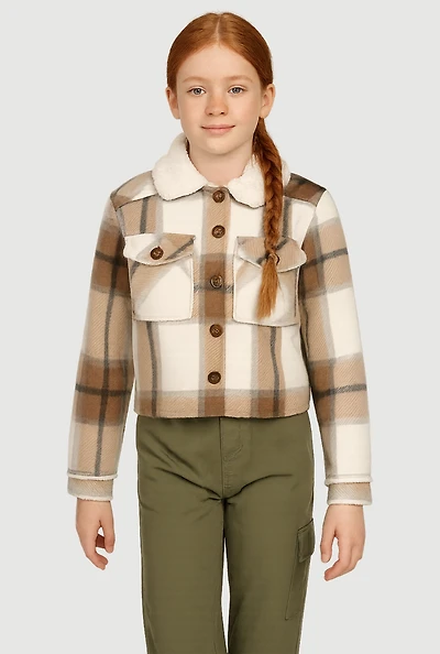 Girls Sherpa Lined Brushed Fleece Plaid Shacket, Beige, Size 10-12