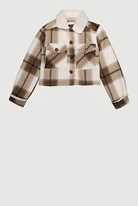 Girls Sherpa Lined Brushed Fleece Plaid Shacket, Beige, Size 7-8