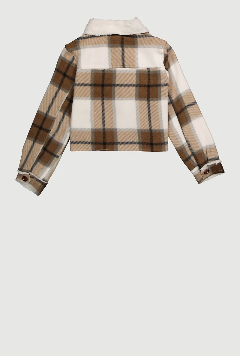 Girls Sherpa Lined Brushed Fleece Plaid Shacket, Beige, Size 7-8
