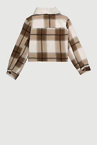 Girls Sherpa Lined Brushed Fleece Plaid Shacket, Beige, Size 7-8