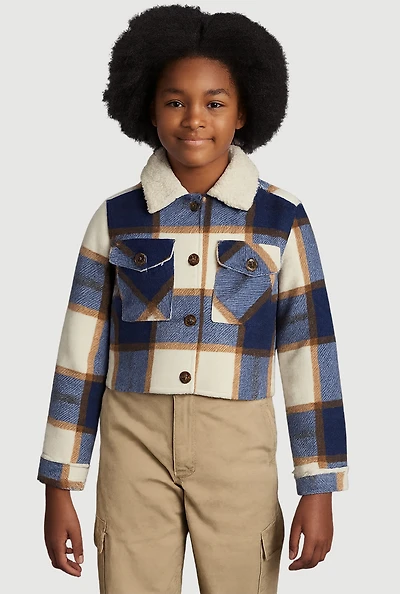 Girls Sherpa Lined Brushed Fleece Plaid Shacket, Blue, Size 10-12