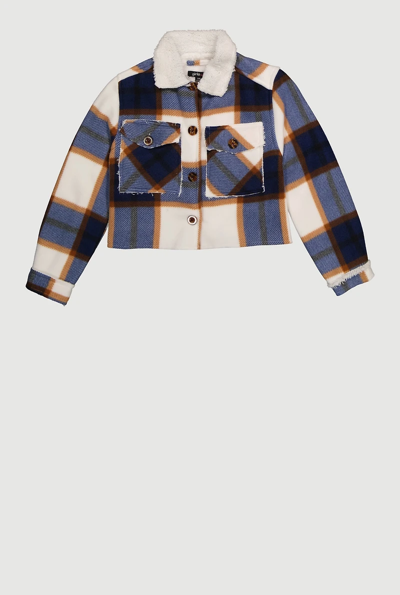 Girls Sherpa Lined Brushed Fleece Plaid Shacket, Blue, Size 10-12