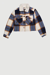 Girls Sherpa Lined Brushed Fleece Plaid Shacket, Blue, Size 10-12