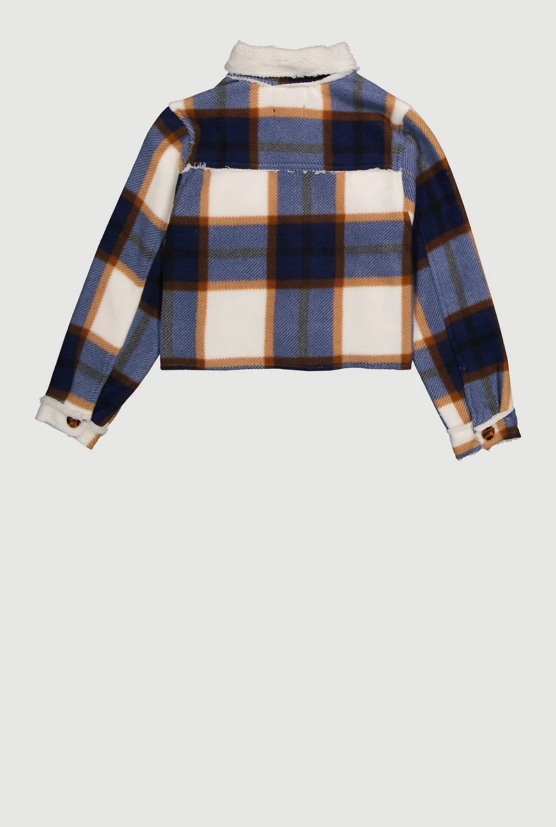 Girls Sherpa Lined Brushed Fleece Plaid Shacket, Blue, Size 10-12