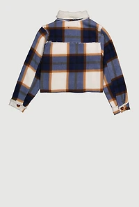 Girls Sherpa Lined Brushed Fleece Plaid Shacket, Blue, Size 10-12