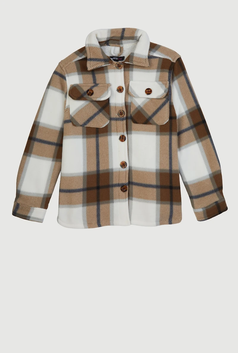 Girls Plaid Sherpa Lined Brushed Fleece Shacket, Brown,