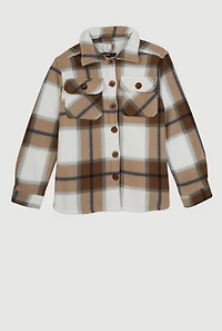 Girls Plaid Sherpa Lined Brushed Fleece Shacket, Brown,