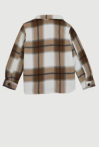 Girls Plaid Sherpa Lined Brushed Fleece Shacket, Brown,