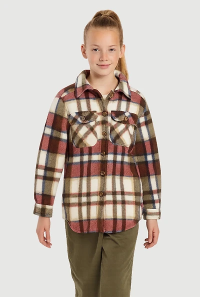 Girls Plaid Sherpa Lined Brushed Fleece Shacket