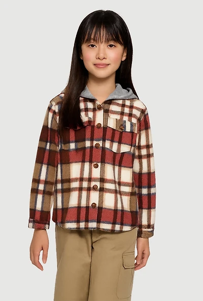 Girls Sherpa Lined Plaid Fleece Hooded Shacket, Multi,
