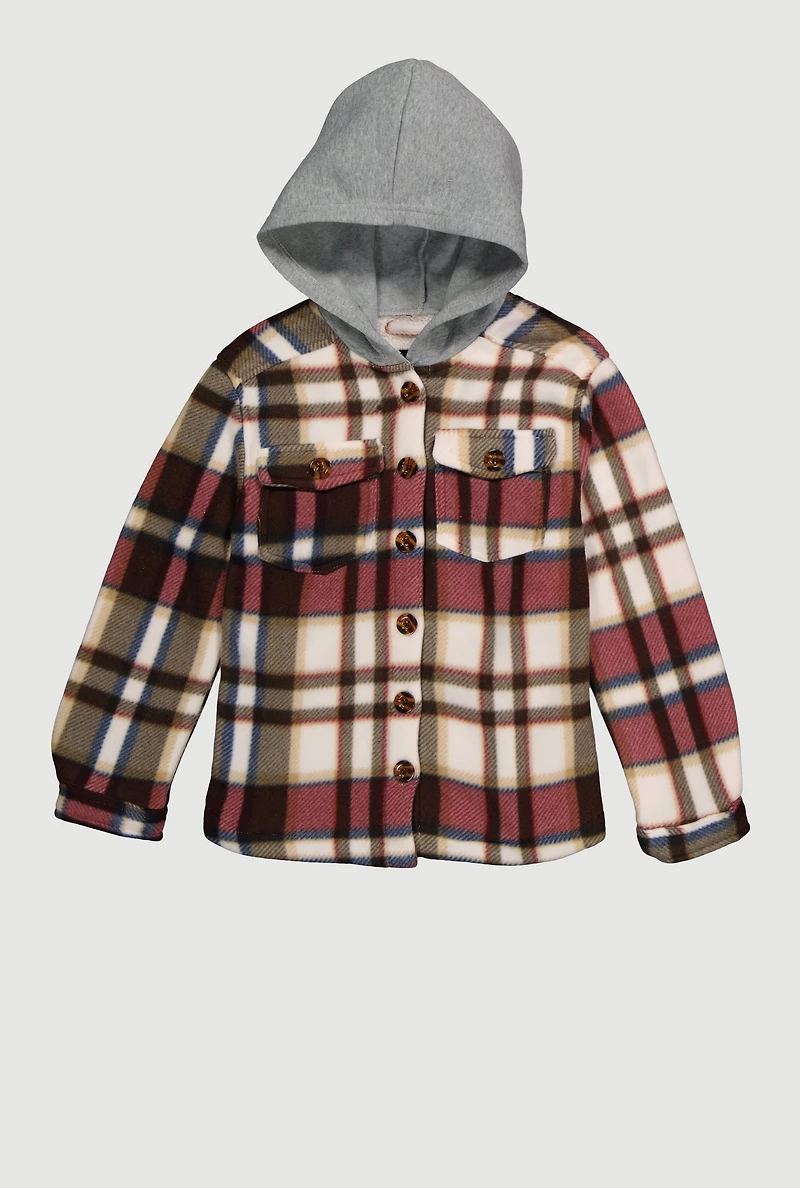 Girls Sherpa Lined Plaid Fleece Hooded Shacket, Multi,