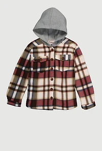 Girls Sherpa Lined Plaid Fleece Hooded Shacket, Multi,