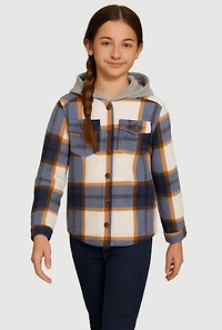 Girls Sherpa Lined Plaid Fleece Hooded Shacket, Multi, Size 7-8