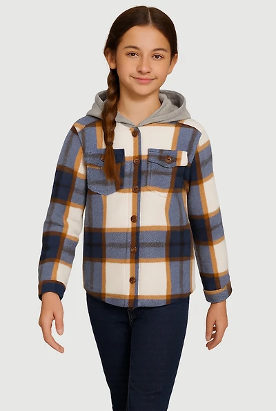 Girls Sherpa Lined Plaid Fleece Hooded Shacket, Multi, Size 7-8