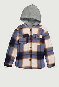 Girls Sherpa Lined Plaid Fleece Hooded Shacket, Multi, Size 7-8