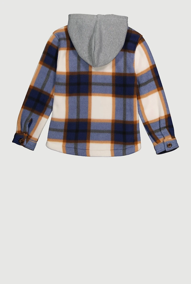 Girls Sherpa Lined Plaid Fleece Hooded Shacket, Multi, Size 7-8